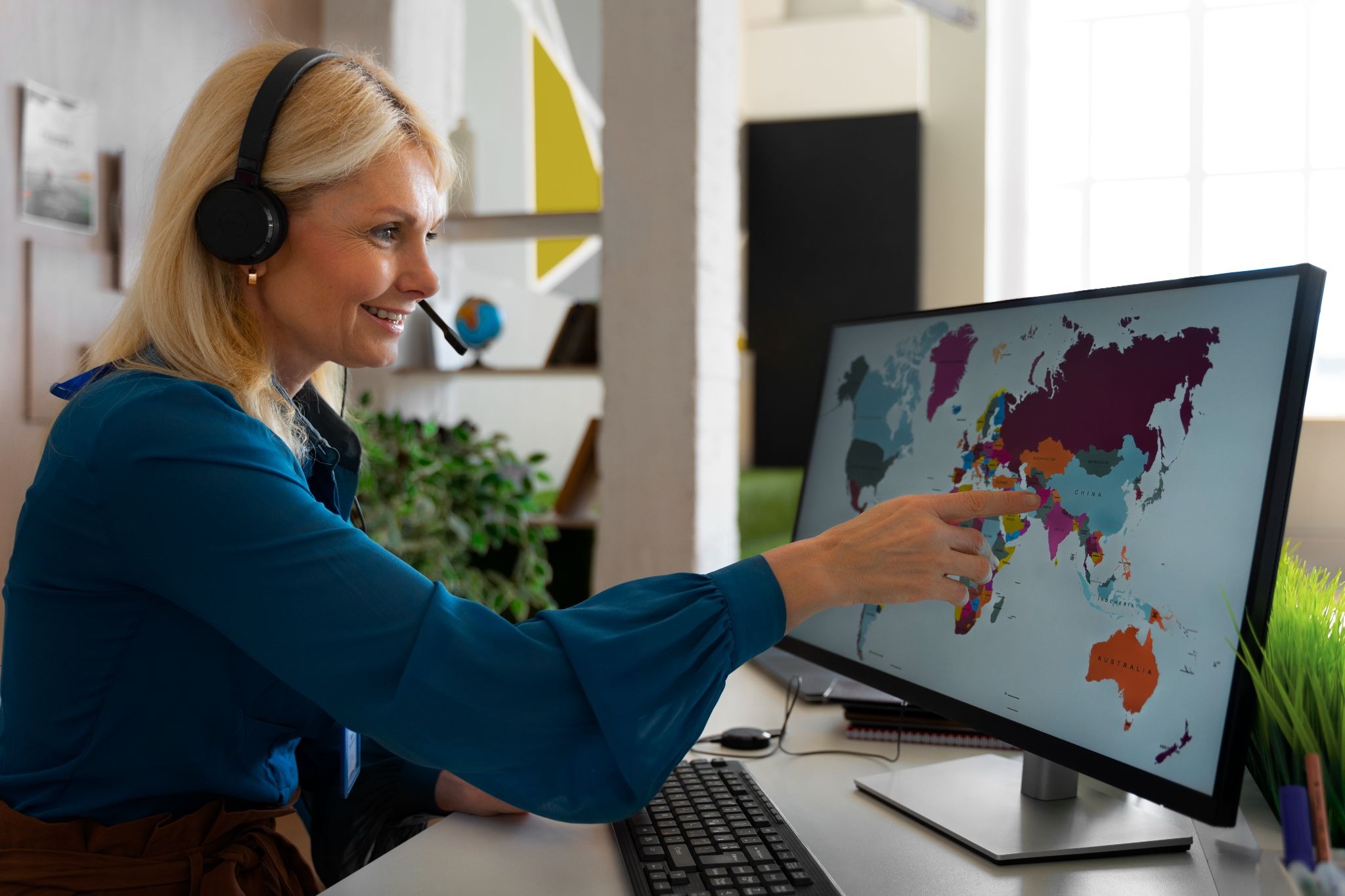 Business professional using a headset and computer to manage global communication and customer support