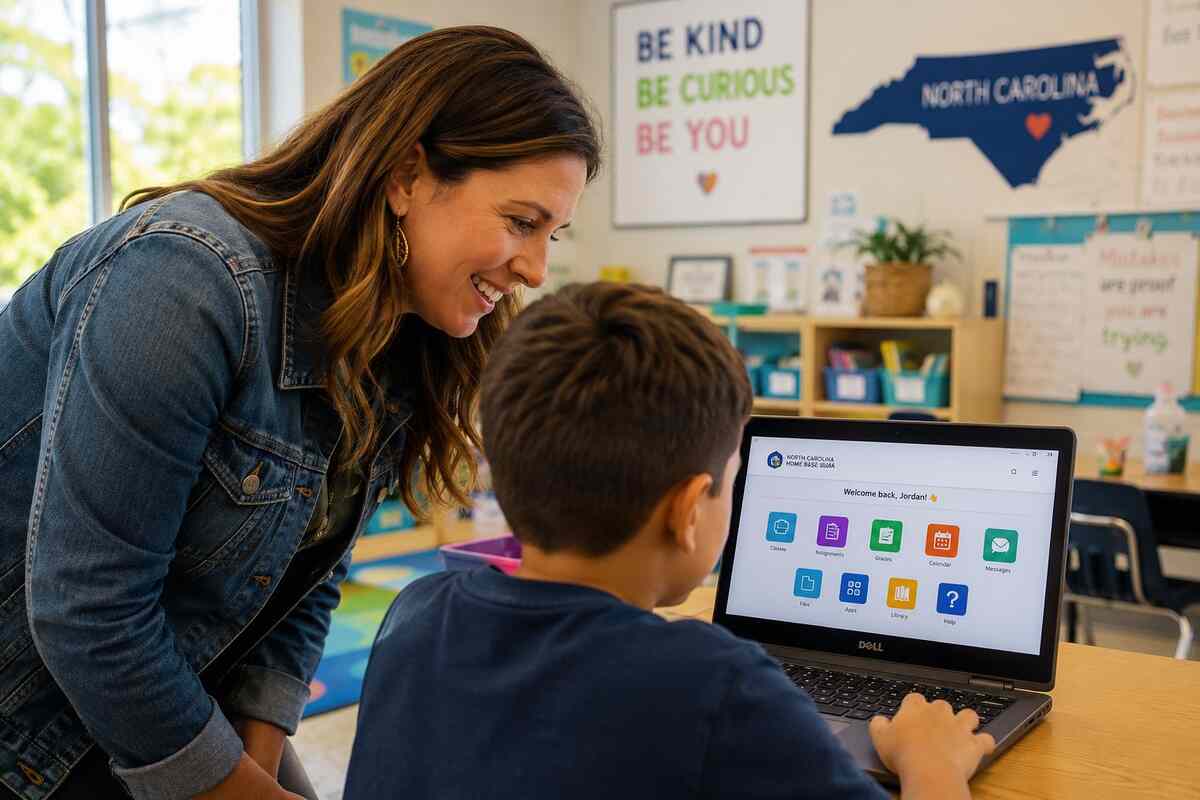 Teacher guiding a student through an NCEdCloud-style school login on a laptop