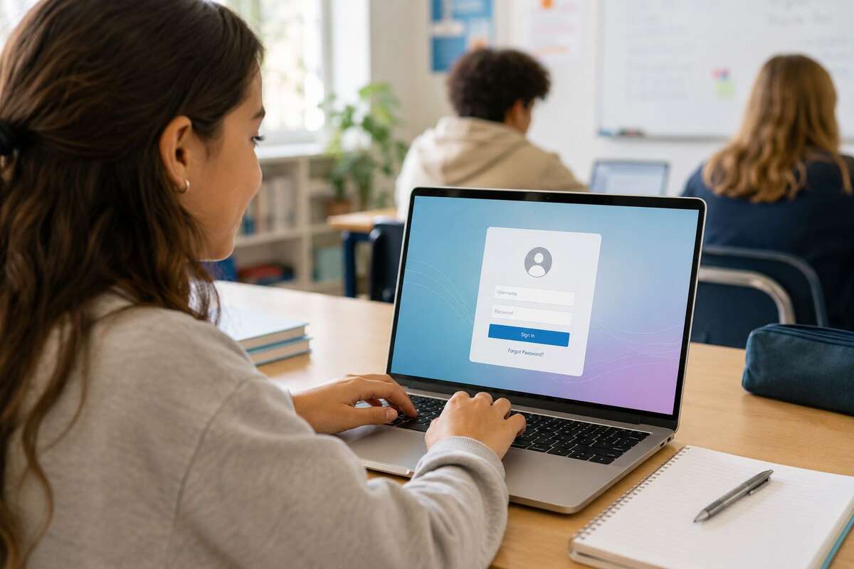 NCEdCloud login screen displayed on a student's laptop in a classroom