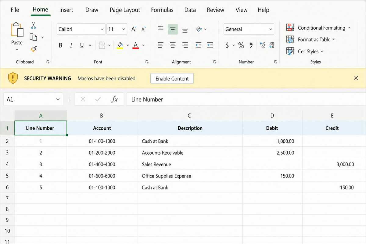 Excel journal upload template with macro security warning for Applications Desktop Integrator