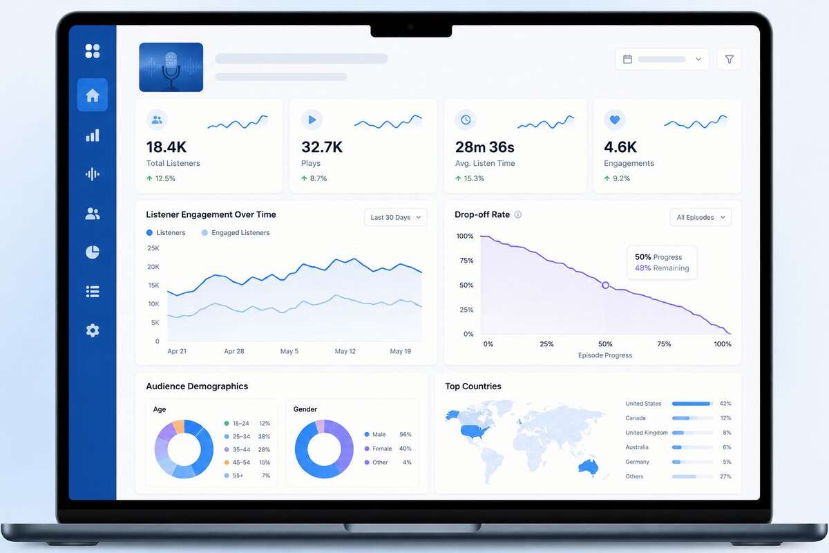 Backtofrontshow podcast analytics dashboard showing listener behavior and engagement data