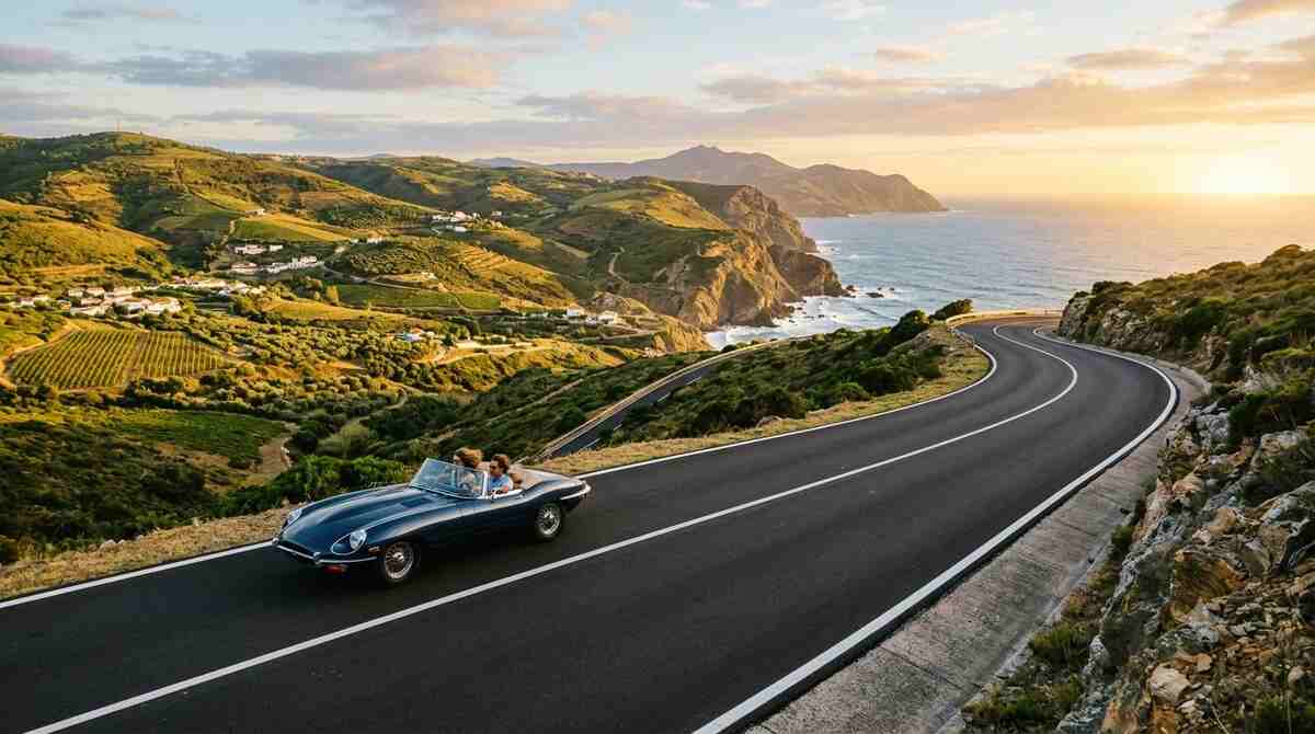 One of the best road trip routes in Europe, a coastal drive at sunset