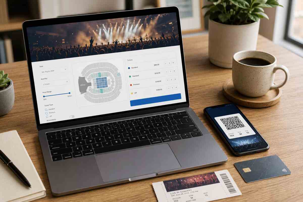 Laptop showing bilieter checkout page with mobile QR ticket and concert ticket stub on desk