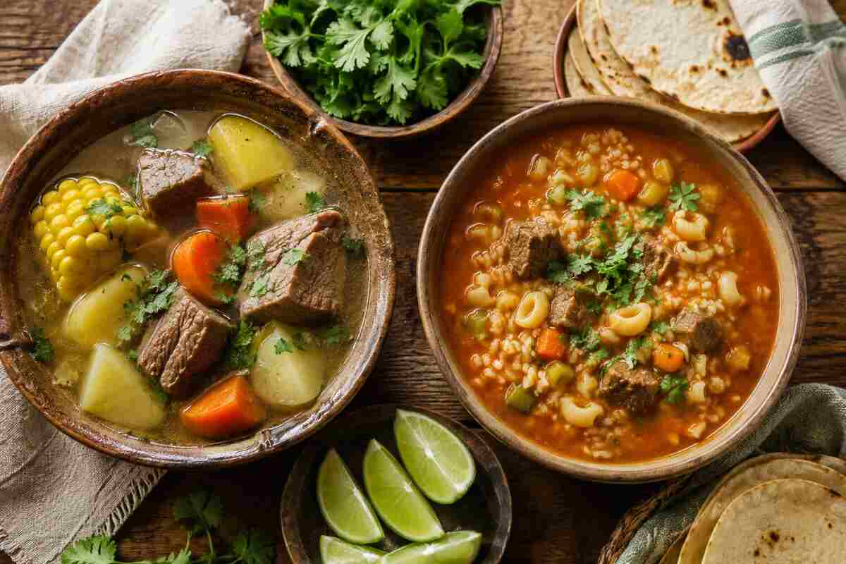 Bowl of caldo de res with beef, corn, and vegetables next to a pot of sopa de res