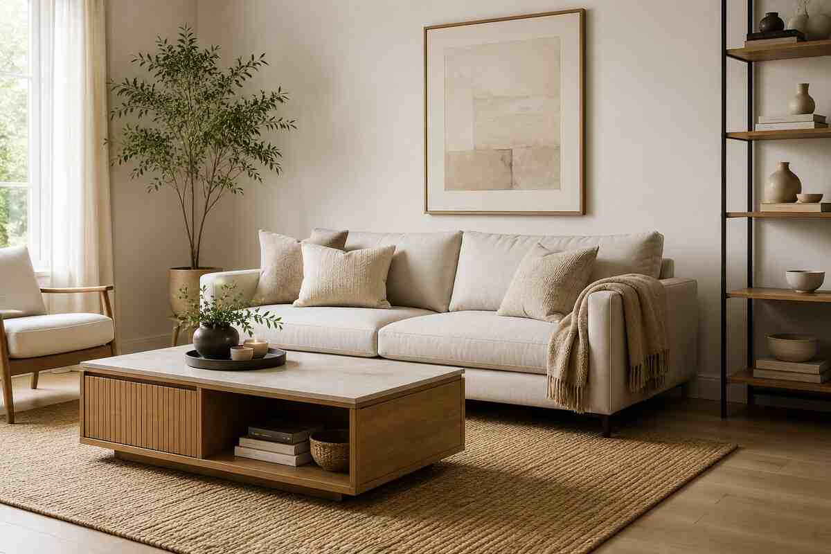 Modern minimalist living room with neutral sofa, wood coffee table, and layered textures reflecting Decobry-style home décor