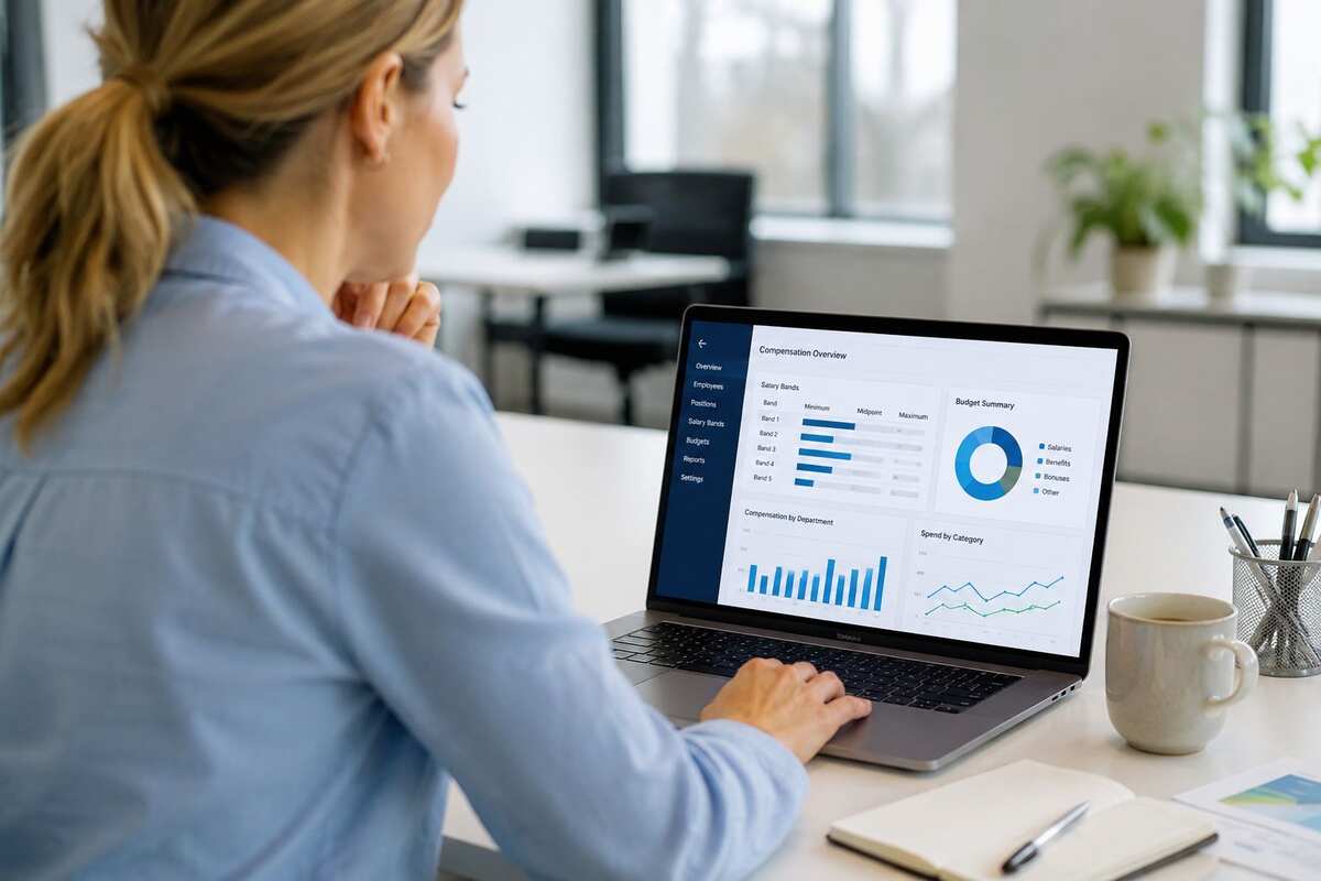 HR professional reviewing enterprise compensation management dashboard with salary bands and budget summary on laptop