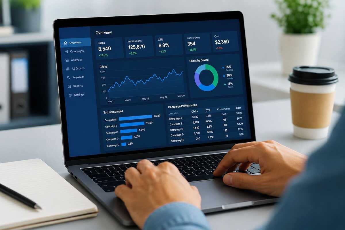 Marketer analyzing ad campaign performance dashboard for a FeedBuzzard advertise strategy