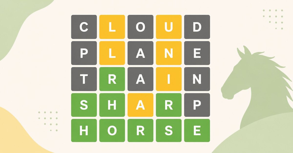 Horsle word game puzzle grid with colored tiles, solved with the word HORSE