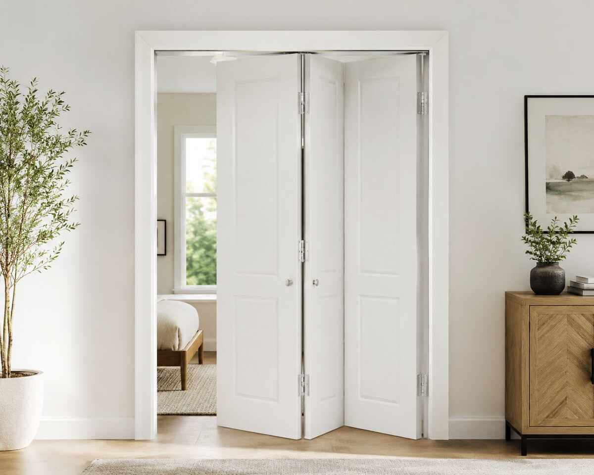White 4-panel bifold door folded open in a bedroom doorway