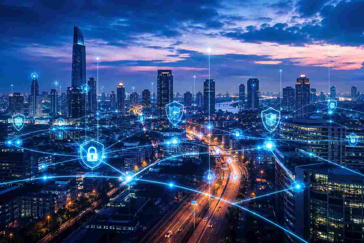 Smart city data management network showing security shields and privacy protection over a city skyline at night