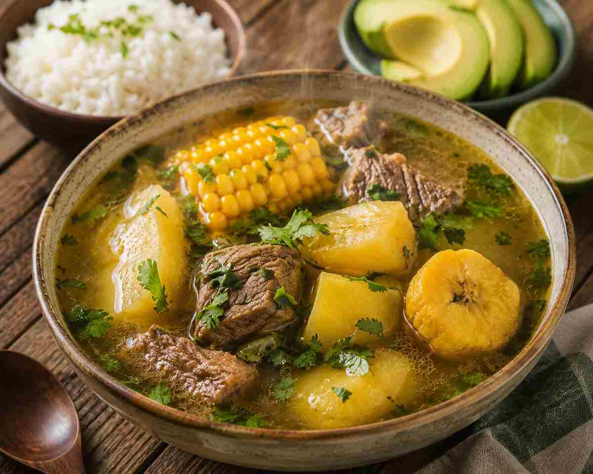 Bowl of traditional Colombian sopa de res with beef, corn, potatoes, and cilantro