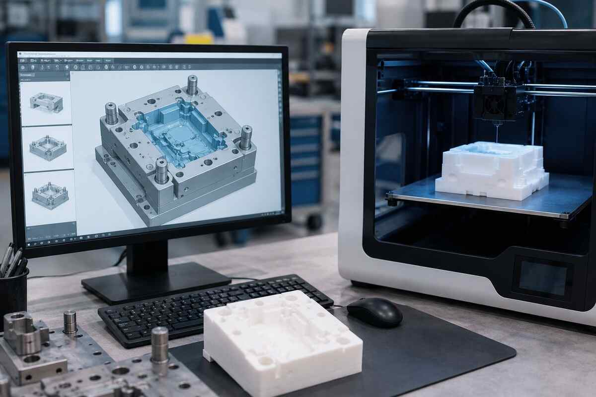 CAD mold design on computer screen next to a 3D printer producing a RepMold prototype part