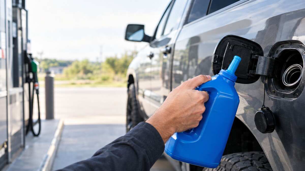 AUS 32 diesel exhaust fluid jug held over the open fuel filler of a diesel pickup at a fuel station
