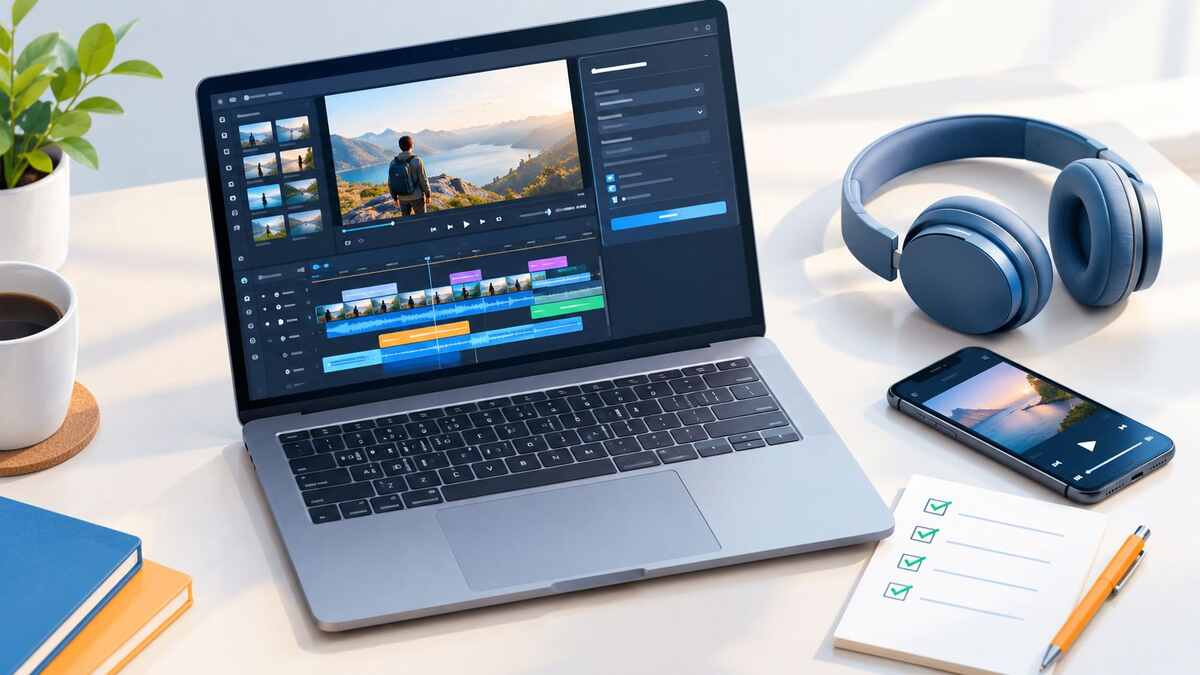 editflowvideo.com review checklist beside a laptop showing a video editing timeline, headphones and a phone