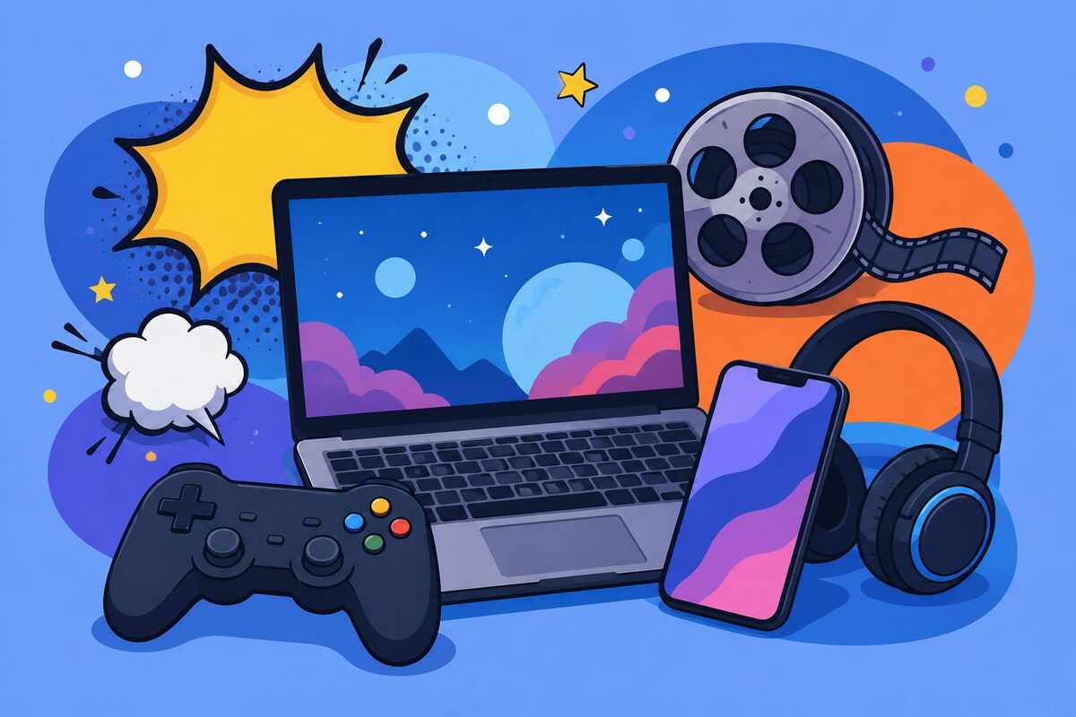 Geekzilla Tio Geek themed illustration with laptop, gaming controller, and headphones