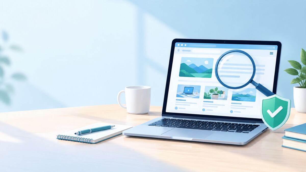 Kracensoft.com review: laptop showing a tech blog page with a magnifying glass and safety shield