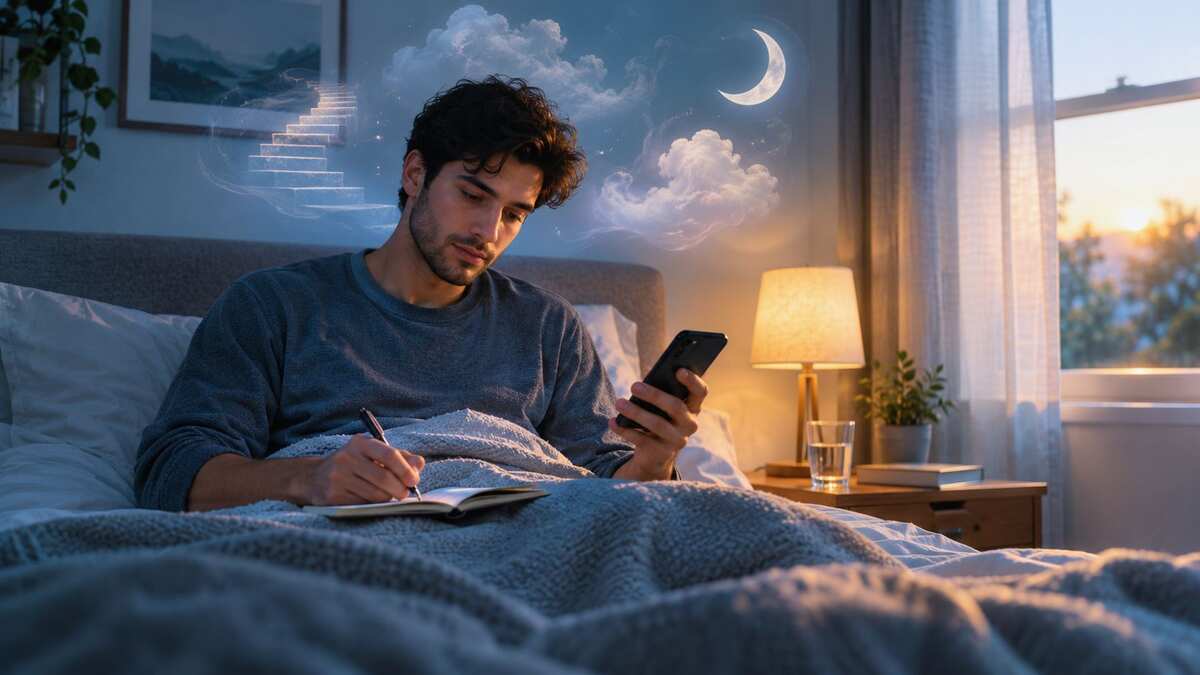 Man writing in a dream journal in bed while checking dreammeaniing.com usa on his phone